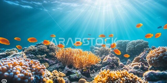  البيئة المائية الغنية بالكائنات الحية في البحر، الثروة السمكية والنباتات المختلفة في المملكة العربية السعودية، محمية طبيعية بحرية، الشعب المرجانية الملونة في أعماق البحار والمحيطات، مجموعة من الأسماك الصغيرة تسبح في المياه