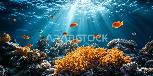  البيئة المائية الغنية بالكائنات الحية في البحر، الثروة السمكية والنباتات المختلفة في المملكة العربية السعودية، محمية طبيعية بحرية، الشعب المرجانية الملونة في أعماق البحار والمحيطات، مجموعة من الأسماك الصغيرة تسبح في المياه
