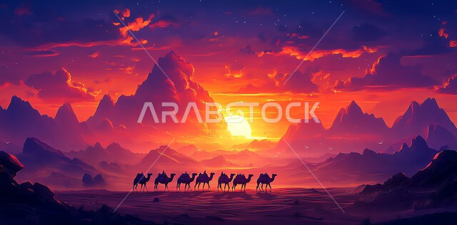 التنقل والترحال والسفر في الصحاري بالاعتماد على الحيوانات، صورة ظلية لمجموعة من الجمال في الصحراء، التلال والكثبان الرملية في المناطق الصحراوية، التضاريس الجافة والطبيعة الجبلية، تربية المواشي والعناية بها، قافلة من الإبل تمشي على الرمال الناعمة عند غروب الشمس