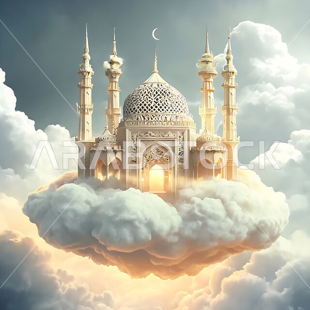 مجسم ثلاثي الابعاد لمسجد محاط بالغيوم البيضاء، بناء القبب والمآذن بشكل متميز، مفهوم العبادة والتقرب إلى الله، تصاميم و ديكورات على الطراز العربي الاسلامي، الفن الهندسي المعماري للمساجد، خلفية السماء الزرقاء مع السحاب الكثيف