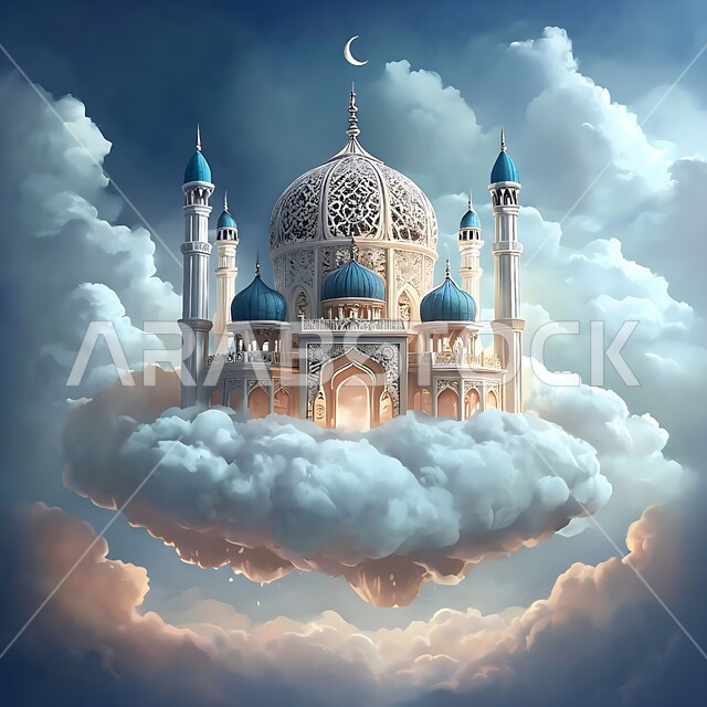 مجسم ثلاثي الابعاد لمسجد محاط بالغيوم البيضاء، بناء القبب والمآذن بشكل متميز، مفهوم العبادة والتقرب إلى الله، تصاميم و ديكورات على الطراز العربي الاسلامي، الفن الهندسي المعماري للمساجد، خلفية السماء الزرقاء مع السحاب الكثيف