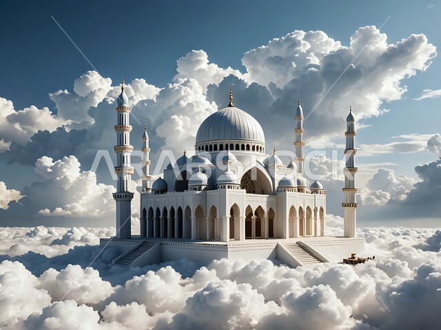 مجسم ثلاثي الابعاد لمسجد محاط بالغيوم البيضاء، بناء القبب والمآذن بشكل متميز، مفهوم العبادة والتقرب إلى الله، تصاميم و ديكورات على الطراز العربي الاسلامي، الفن الهندسي المعماري للمساجد، خلفية السماء الزرقاء مع السحاب الكثيف