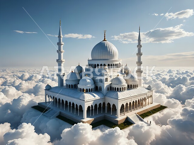 مجسم ثلاثي الابعاد لمسجد محاط بالغيوم البيضاء، بناء القبب والمآذن بشكل متميز، مفهوم العبادة والتقرب إلى الله، تصاميم و ديكورات على الطراز العربي الاسلامي، الفن الهندسي المعماري للمساجد، خلفية السماء الزرقاء مع السحاب الكثيف