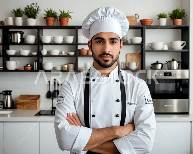  إعداد وتحضير الأطعمة المختلفة والمتنوعة وتقديمها بشكل فني مميز، العمل في مطاعم ومطابخ وكافيهات المملكة العربية السعودية، صورة مقربة لطباخ عربي خليجي سعودي يرتدي الزي الرسمي الخاص بمزاولة مهنة الشيف ويقف مكتوف اليدين وينظر إلى الكاميرا بإيماءات الثقة بالنفس