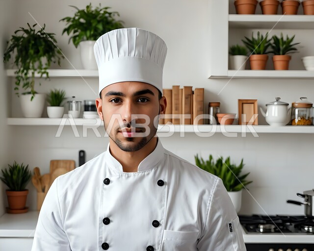 العمل في مطاعم ومطابخ وكافيهات المملكة العربية السعودية، صورة مقربة لطباخ عربي خليجي سعودي يرتدي الزي الرسمي الخاص بمزاولة مهنة الشيف ويقف داخل المطبخ، النظر إلى الكاميرا بإيماءات الثقة بالنفس، إعداد وتحضير الأطعمة المختلفة والمتنوعة وتقديمها بشكل فني مميز