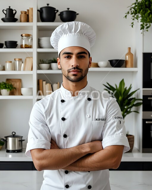  إعداد وتحضير الأطعمة المختلفة والمتنوعة وتقديمها بشكل فني مميز، العمل في مطاعم ومطابخ وكافيهات المملكة العربية السعودية، صورة مقربة لطباخ عربي خليجي سعودي يرتدي الزي الرسمي الخاص بمزاولة مهنة الشيف ويقف مكتوف اليدين وينظر إلى الكاميرا بإيماءات الثقة بالنفس