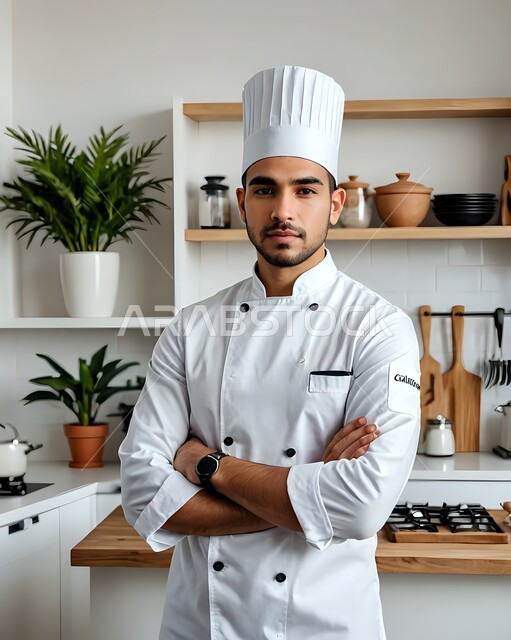  إعداد وتحضير الأطعمة المختلفة والمتنوعة وتقديمها بشكل فني مميز، العمل في مطاعم ومطابخ وكافيهات المملكة العربية السعودية، صورة مقربة لطباخ عربي خليجي سعودي يرتدي الزي الرسمي الخاص بمزاولة مهنة الشيف ويقف مكتوف اليدين وينظر إلى الكاميرا بإيماءات الثقة بالنفس