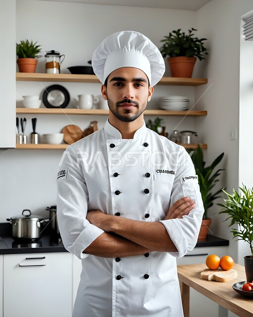  إعداد وتحضير الأطعمة المختلفة والمتنوعة وتقديمها بشكل فني مميز، العمل في مطاعم ومطابخ وكافيهات المملكة العربية السعودية، صورة مقربة لطباخ عربي خليجي سعودي يرتدي الزي الرسمي الخاص بمزاولة مهنة الشيف ويقف مكتوف اليدين وينظر إلى الكاميرا بإيماءات الثقة بالنفس