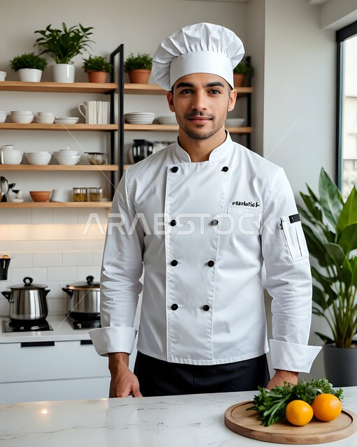 العمل في مطاعم ومطابخ وكافيهات المملكة العربية السعودية، صورة مقربة لطباخ عربي خليجي سعودي يرتدي الزي الرسمي الخاص بمزاولة مهنة الشيف ويقف داخل المطبخ، النظر إلى الكاميرا بإيماءات الثقة بالنفس، إعداد وتحضير الأطعمة المختلفة والمتنوعة وتقديمها بشكل فني مميز