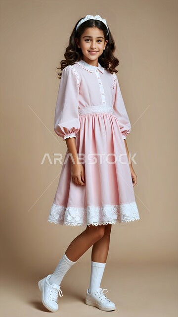 الأناقة والاهتمام بالمظهر الخارجي، بورتريه لفتاه عربيه خليجيه سعودية مبتسمة ترتدي فستان جميل وردي اللون تنظر إلى الكاميرا بإيماءات البشاشة والسرور، ارتداء الملابس الجديده في الأعياد والمناسبات، مفهوم اللطف والنعومة والرقة، الجسم بالطول الكامل، خلفيه بيج