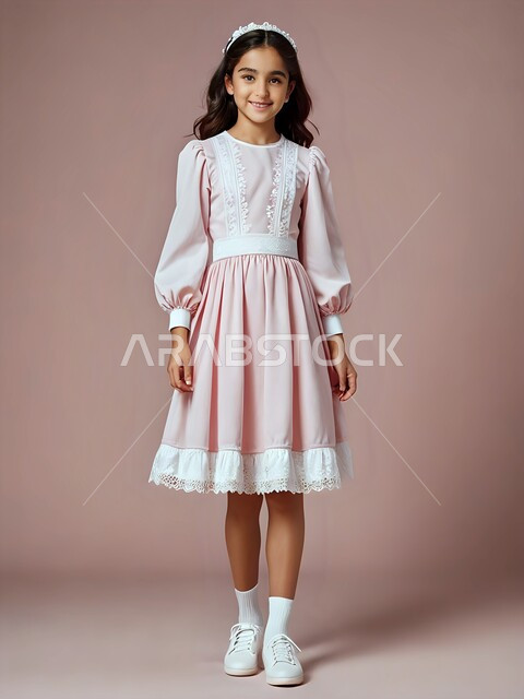 الأناقة والاهتمام بالمظهر الخارجي، بورتريه لفتاه عربيه خليجيه سعودية مبتسمة ترتدي فستان جميل وردي اللون تنظر إلى الكاميرا بإيماءات البشاشة والسرور، ارتداء الملابس الجديده في الأعياد والمناسبات، مفهوم اللطف والنعومة والرقة، الجسم بالطول الكامل، خلفيه وردية