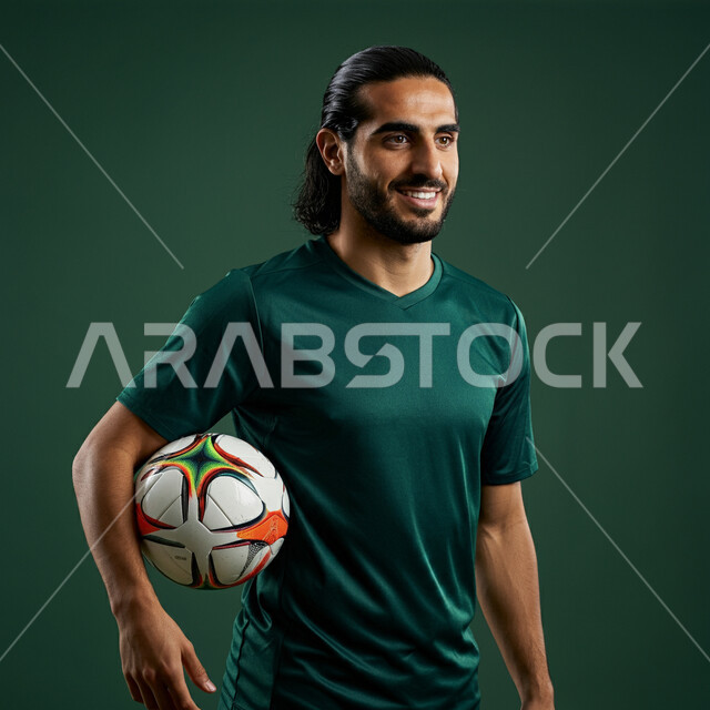 التحضير والتدريب و التجهز لبدء المباراة، رياضات شبابية وأنشطة ترفيهية، بورتريه مقرب للاعب عربي خليجي سعودي مبتسم يرتدي الزي الرياضي يحمل بيده كرة القدم بتعابير السرور والسعادة، خلفية خضراء