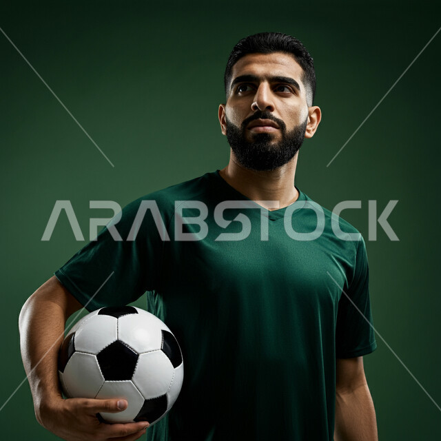 التحضير والتدريب و التجهز لبدء المباراة، رياضات شبابية وأنشطة ترفيهية، بورتريه مقرب للاعب عربي خليجي سعودي مبتسم يرتدي الزي الرياضي يحمل بيده كرة القدم بتعابير السرور والسعادة، خلفية خضراء