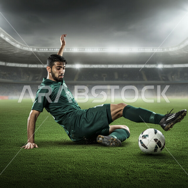 Healthy lifestyle, preparation, training and getting ready to start the match, youth sports and recreational activities, a smiling Saudi Arabian Gulf player wearing sportswear holding a football in his hand with expressions of pleasure and happiness, the concept of loving sports