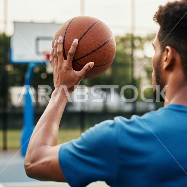 التجهز والتدريب والتحضير لبدء المباراة، مفهوم حب الرياضة، نمط الحياة الصحية، رياضات شبابية وأنشطة ترفيهية، صورة مقربة من الخلف للاعب عربي خليجي سعودي مبتسم يرتدي الزي الرياضي يحمل بيده كرة السلة 