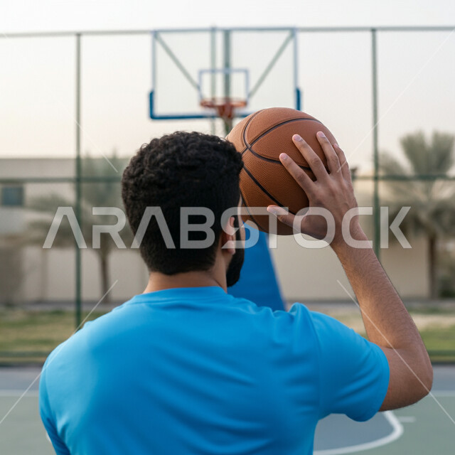 التجهز والتدريب والتحضير لبدء المباراة، مفهوم حب الرياضة، نمط الحياة الصحية، رياضات شبابية وأنشطة ترفيهية، صورة مقربة من الخلف للاعب عربي خليجي سعودي مبتسم يرتدي الزي الرياضي يحمل بيده كرة السلة 