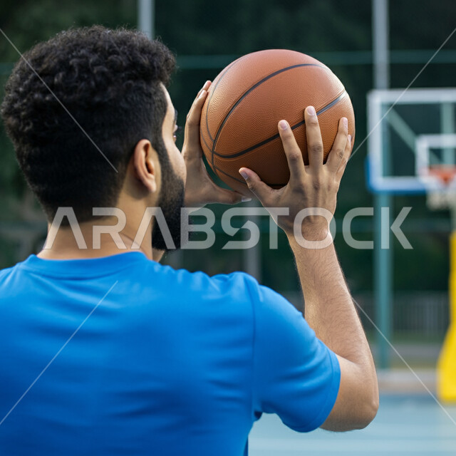 التجهز والتدريب والتحضير لبدء المباراة، مفهوم حب الرياضة، نمط الحياة الصحية، رياضات شبابية وأنشطة ترفيهية، صورة مقربة من الخلف للاعب عربي خليجي سعودي مبتسم يرتدي الزي الرياضي يحمل بيده كرة السلة 