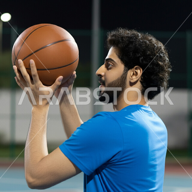 مفهوم حب الرياضة، التجهز والتدريب والتحضير لبدء المباراة، نمط الحياة الصحية، رياضات شبابية وأنشطة ترفيهية، لاعب عربي خليجي سعودي مبتسم يرتدي الزي الرياضي يحمل بيده كرة السلة 