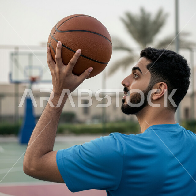مفهوم حب الرياضة، التجهز والتدريب والتحضير لبدء المباراة، نمط الحياة الصحية، رياضات شبابية وأنشطة ترفيهية، لاعب عربي خليجي سعودي مبتسم يرتدي الزي الرياضي يحمل بيده كرة السلة 