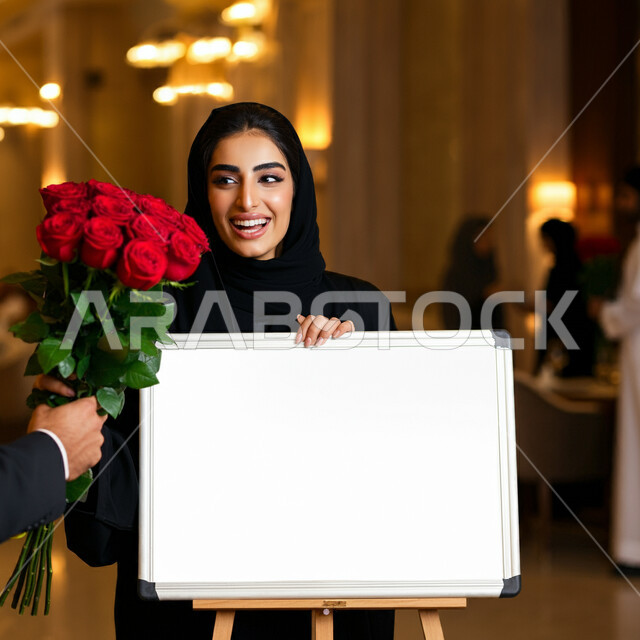  مفهوم الأنوثة والنعومة، الاهتمام بالجمال والأناقة والمظهر الخارجي، امرأة عربية خليجية سعودية ترتدي الحجاب والعباءة تقف امام موك ابيض مستطيل فارغ تحمل بيدها وردة حمراء جورية بايماءات الحب والفرح والسعادة، تقديم الزهور في الأعياد والمناسبات السعيدة