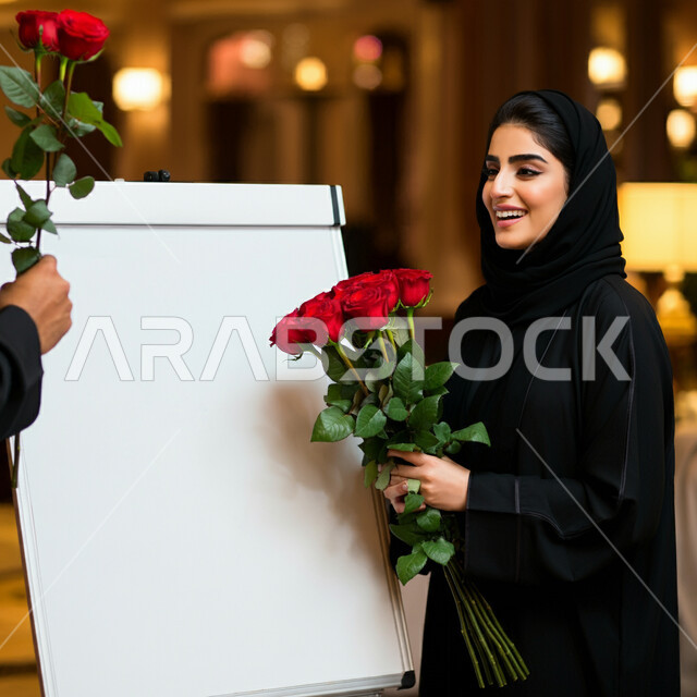  مفهوم الأنوثة والنعومة، الاهتمام بالجمال والأناقة والمظهر الخارجي، امرأة عربية خليجية سعودية ترتدي الحجاب والعباءة تقف امام موك ابيض مستطيل فارغ تحمل بيدها وردة حمراء جورية بايماءات الحب والفرح والسعادة، تقديم الزهور في الأعياد والمناسبات السعيدة