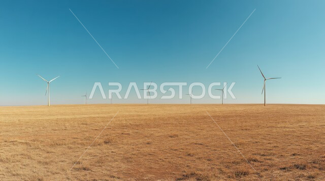 حقول توربينات الرياح وطواحين الهواء وسط الرمال الذهبية في المناطق الصحرواية، مفهوم استخدام الطاقات المتجددة صديقة البيئة، التنمية المستدامة بالطاقة البديلة في المملكة العربية السعودية، دمج التقنية والتكنولوجيا مع البيئة العملية