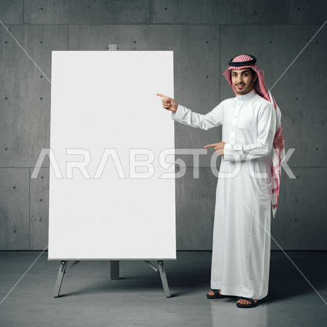 تقديم مقترحات المشاريع، رجل عربي خليجي سعودي يرتدي الثوب التقليدي والشماغ يشير باصبع السبابة الى لوح فارغ، عرض الأفكار الإبداعية، بيئة العمل المريحة في شركات السعودية، مناقشة الخطط المستقبلية، موك أب أبيض مستطيل