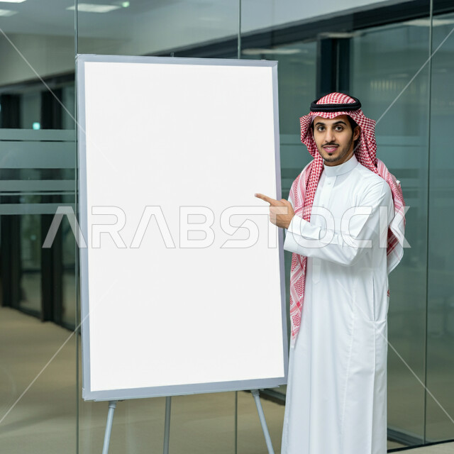 عرض الأفكار الإبداعية، تقديم مقترحات المشاريع، رجل عربي خليجي سعودي يرتدي الثوب التقليدي والشماغ يشير باصبع السبابة الى لوح فارغ، بيئة العمل المريحة في شركات السعودية، مناقشة الخطط المستقبلية، موك أب أبيض مستطيل