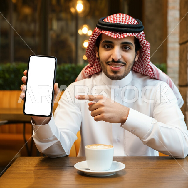 النظر الى الكاميرا بايماءات السرور والسعادة، تناول المشروبات الساخنة، قضاء وقت ممتع في الخارج، موك أب أبيض مستطيل، صورة مقربة لرجل عربي خليجي سعودي يرتدي الثوب التقليدي والشماغ يجلس في مقهى يشير باصبع السبابة الى الهاتف المحمول، لوح اعلاني فارغ