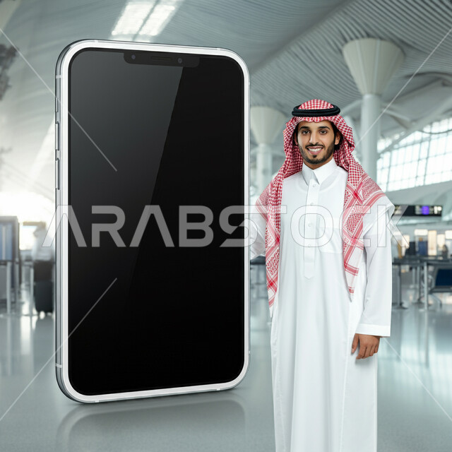 Advertisements and marketing offers via modern technological devices, an empty billboard, a rectangular black mockup, a portrait of a Saudi Arabian Gulf man wearing a traditional thobe and a shemagh standing next to a model of a mobile phone with a black screen looking at the camera with gestures of pleasure