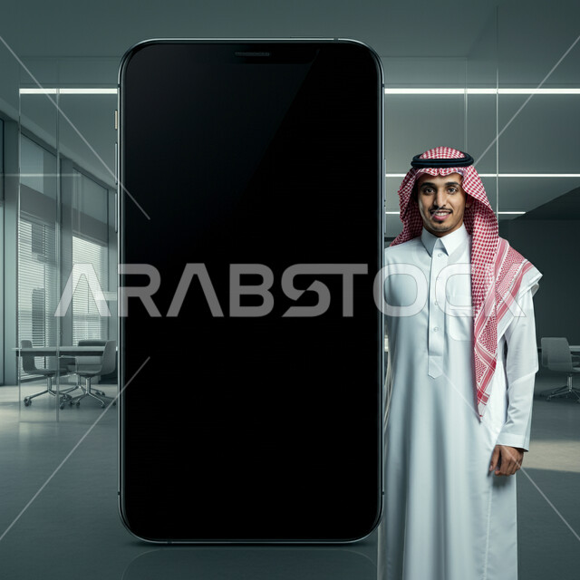 العروض والاعلانات التسويقية عبر الأجهزة التكنولوجية الحديثة، لوحة اعلانية فارغة، موك اب اسود مستطيل، بورتريه لرجل عربي خليجي سعودي يرتدي الثوب التقليدي والشماغ  يقف بجانب مجسم لهاتف محمول بشاشة سوداء ينظر الى الكاميرا بايماءات السرور