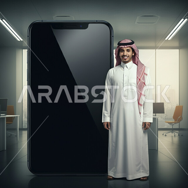 الإعلانات والعروض التسويقية عبر الأجهزة التكنولوجية الحديثة، لوحة اعلانية فارغة، موك اب اسود مستطيل، بورتريه لرجل عربي خليجي سعودي يرتدي الثوب التقليدي والشماغ  يقف بجانب مجسم لهاتف محمول بشاشة سوداء ينظر الى الكاميرا بايماءات السرور