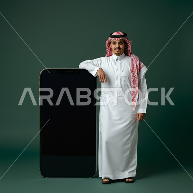 لوحة اعلانية فارغة، موك اب اسود مستطيل، بورتريه لرجل عربي خليجي سعودي يرتدي الثوب التقليدي والشماغ  يقف بجانب مجسم لهاتف محمول بشاشة سوداء ينظر الى الكاميرا بايماءات السرور والسعادة، خلفية خضراء