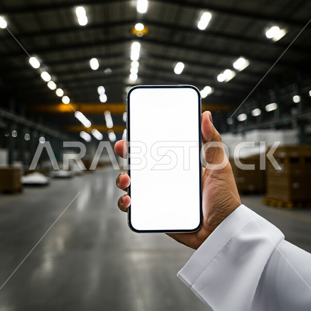 Blank white screen view on mobile, using technology and technology to record accounts and inventory goods in warehouse, close-up portrait of hand of Saudi Arabian Gulf man wearing traditional dress holding mobile phone, background of wrapped boxes and cartons
