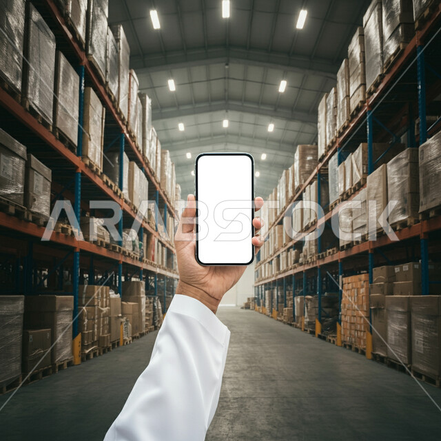 استخدام التقنية والتكنولوجيا لتسجيل الحسابات وجرد البضائع في المستودع، بورتريه مقرب ليد رجل عربي خليجي سعودي يرتدي الثوب التقليدي يحمل الهاتف المحمول، عرض شاشة بيضاء فارغة عبر الجوال، خلفية صناديق وكراتين مغلفة