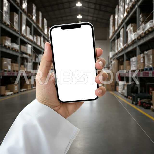 عرض شاشة بيضاء فارغة عبر الجوال، استخدام التقنية والتكنولوجيا لتسجيل الحسابات وجرد البضائع في المستودع، بورتريه مقرب ليد رجل عربي خليجي سعودي يرتدي الثوب التقليدي يحمل الهاتف المحمول، خلفية صناديق وكراتين مغلفة