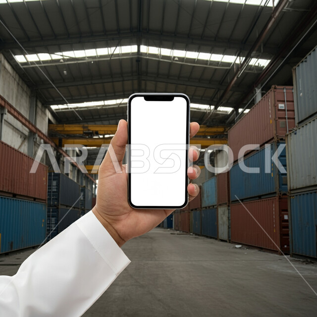 محطة شحن للحاويات والبضائع، بورتريه مقرب ليد رجل عربي خليجي سعودي يرتدي الثوب التقليدي يحمل الهاتف المحمول،عرض شاشة بيضاء فارغة عبر الجوال، استخدام أجهزة التكنولوجيا الحديثة والمتطورة، ميناء بحري تجاري