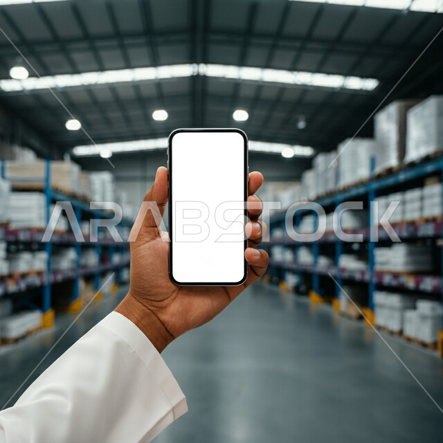 استخدام التقنية والتكنولوجيا لتسجيل الحسابات وجرد البضائع في المستودع، بورتريه مقرب ليد رجل عربي خليجي سعودي يرتدي الثوب التقليدي يحمل الهاتف المحمول، عرض شاشة بيضاء فارغة عبر الجوال، خلفية صناديق وكراتين مغلفة