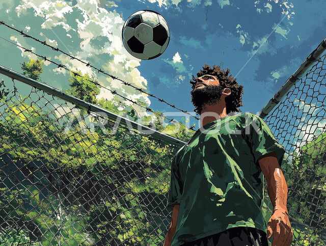 تنمية هواية اللعب بالكرة، شاب عربي خليجي سعودي يرتدي تيشرت باللون الأخضر يتدرب على إحراز الأهداف باحترافية عالية، لاعب كرة قدم محترف يقوم بالتدريبات في الملعب، ممارسة التمرينات الرياضة بشكل منتظم، الانضمام للفرق والنوادي الرسمية في المملكة العربية السعودية