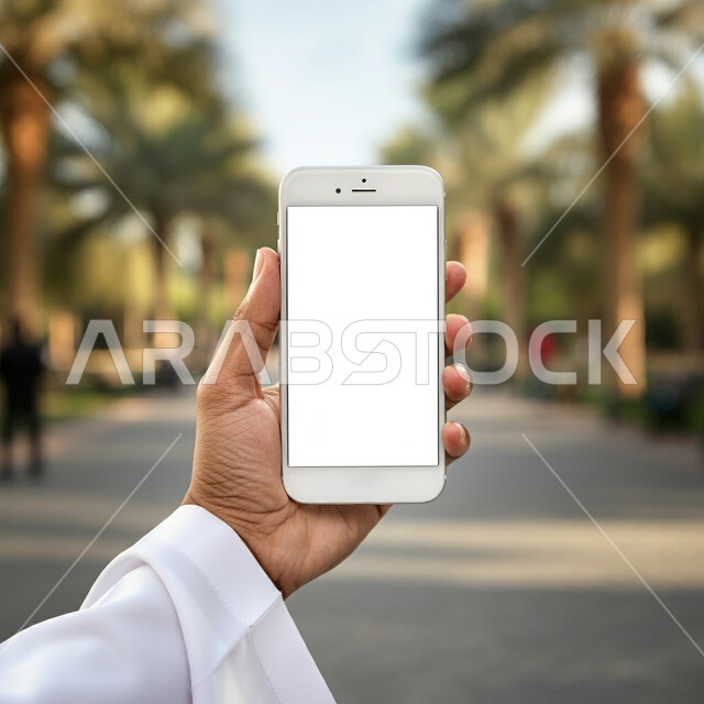 استخدام التقنية والتكنولوجيا الحديثة والمتطورة، عرض شاشة بيضاء فارغة عبر الجوال، بورتريه مقرب ليد رجل عربي خليجي سعودي يرتدي الثوب التقليدي يحمل الهاتف المحمول، الاستمتاع بالجلسات الهادئة