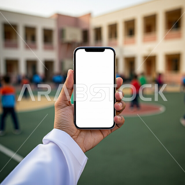 Displaying a blank white screen via mobile, using modern and advanced technology and technology, close-up portrait of a Saudi Arabian Gulf man's hand wearing traditional dress holding a mobile phone, enjoying quiet sessions