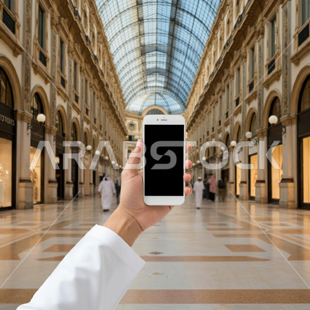 التصاميم الهندسية المعمارية الداخلية لمراكز التسوق، عرض شاشة فارغة عبر الجوال، استخدام التقنيات المتطورة لإنجاز المهام اليومية، بورتريه مقرب ليد رجل عربي خليجي سعودي يرتدي الثوب التقليدي يحمل الهاتف المحمول