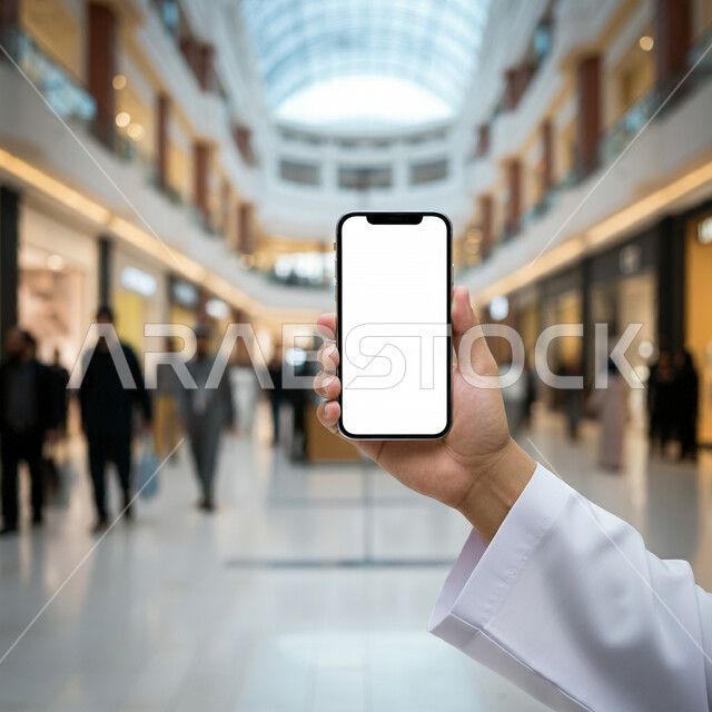 استخدام التقنيات المتطورة لإنجاز المهام اليومية، عرض شاشة بيضاء فارغة عبر الجوال، بورتريه مقرب ليد رجل عربي خليجي سعودي يرتدي الثوب التقليدي يحمل الهاتف المحمول، التصاميم الهندسية المعمارية الداخلية لمراكز التسوق