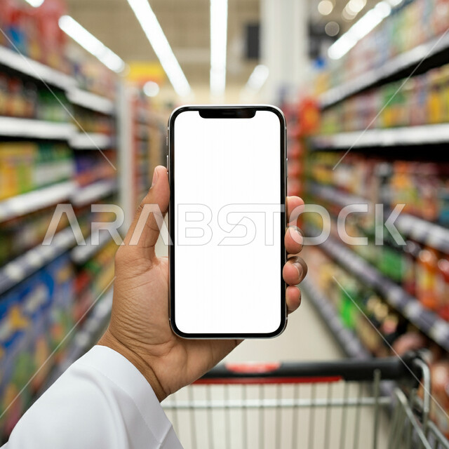 السلع والمواد غذائية المختلفة، شراء الاحتياجات المنزلية، استخدام التقنية والتكنولوجيا الحديثة والمتطورة، عرض شاشة بيضاء فارغة عبر الجوال، بورتريه مقرب ليد رجل عربي خليجي سعودي يرتدي الثوب التقليدي يقوم بالتبضع داخل السوبرماركت يحمل الهاتف المحمول