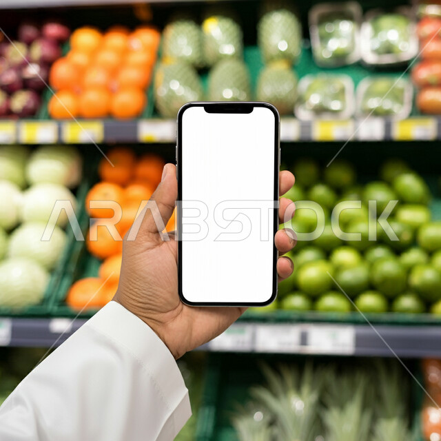 شراء الاحتياجات المنزلية، السلع والمواد غذائية المختلفة، استخدام التقنية والتكنولوجيا الحديثة والمتطورة، عرض شاشة بيضاء فارغة عبر الجوال، بورتريه مقرب ليد رجل عربي خليجي سعودي يرتدي الثوب التقليدي يقوم بالتبضع داخل السوبرماركت يحمل الهاتف المحمول