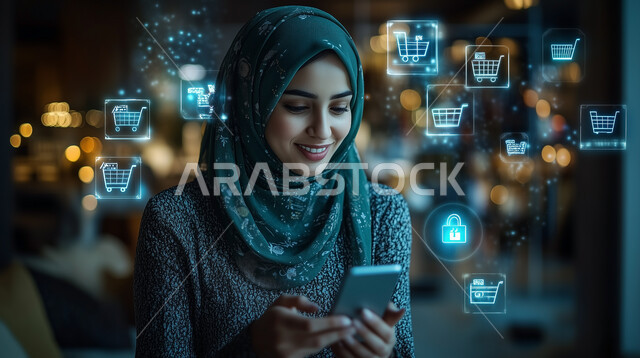 مفهوم التسوق أونلاين، الشراء والتبضع عبر تطبيقات الانترنت، امرأة عربية خليجية سعودية محجبة تقوم بطلب المنتجات والبضائع باستخدام الهاتف المحمول، اقتناء المستلزمات والهدايا بسهولة ويسر، أيقونات رقمية هولوجرامية مضيئة ترمز لعربة التسوق الالكتروني