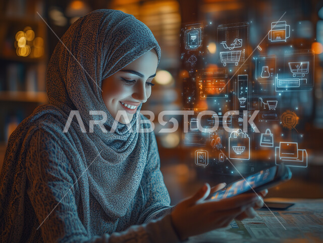 مفهوم التسوق أونلاين، الشراء والتبضع عبر تطبيقات الانترنت، امرأة عربية خليجية سعودية محجبة تقوم بطلب المنتجات والبضائع باستخدام الهاتف المحمول، اقتناء المستلزمات والهدايا بسهولة ويسر، أيقونات رقمية هولوجرامية مضيئة ترمز لعربة التسوق الالكتروني