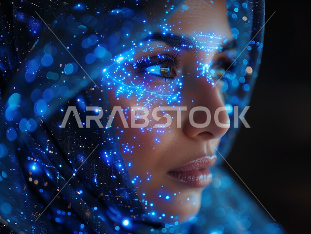 النمو والتطور التكنولوجي الكبير، صورة مقربة لامراة عربية خليجية سعودية محجبة تنظر إلى مكان ما بإيماءات الاندماج مع تأثير بريق رقمي باللون الأزرق، مفهوم الأنوثة والنعومة، إظهار تفاصيل الجمال العربي الخليجي، رموز هولوجرامية ثلاثية الأبعاد مضيئة