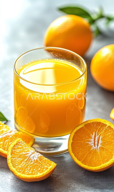 المشروبات الباردة الصحية الغنيه بالفيتامينات, عصائر طبيعية لذيذة ومفيدة، صورة مقربة لكأس زجاجية موضوعة على الرخامة  مليئة بعصير البرتقال الطازج, الشرائح الشهيه من الفواكه الشتوية, الاستمتاع بالحمضيات المنعشة