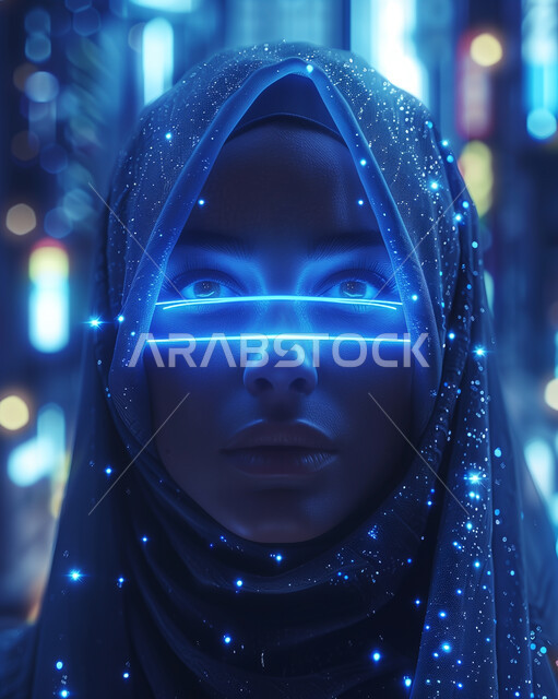 التطور الرقمي والتكنولوجي في المملكة العربية السعودية، صورة مقربة لامرأة عربية خليجية سعودية محجبة ترتدي النظارة الذكية الشفافة وتنظر إلى مكان ما بإيماءات الاندماج، استخدام نظارات الواقع المعزز المستقبلية، أضواء براقة مضيئة باللون الأزرق